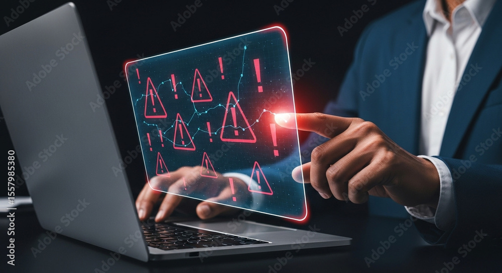 Aufkleber Man in suit interacting with laptop displaying error alerts and warning signs on transparent screen
