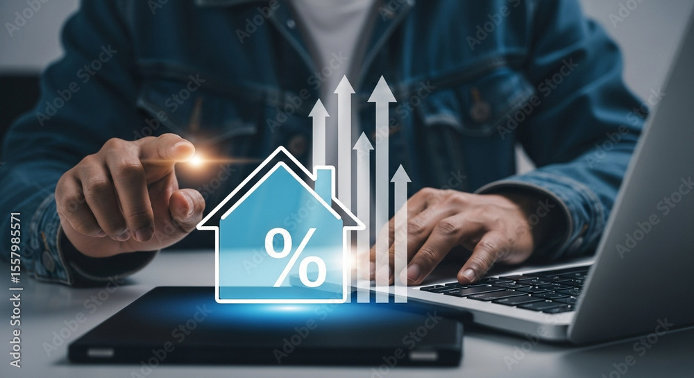 Poster man using laptop and tablet with house icon and upward arrows representing real estate market growth
