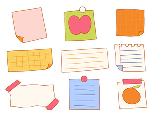 Doodle Style Memo Paper And Note. A playful collection of hand drawn note papers including sticky notes, taped sheets, grid pages, and torn edges. Perfect for planners, journals, and school projects