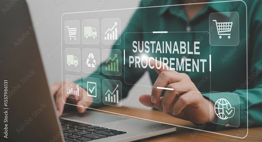 Aufkleber Person using laptop with sustainable procurement interface overlayed on the screen display