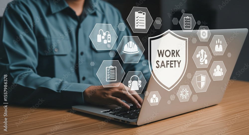 Aufkleber person using laptop with work safety shield and icons displayed on screen near the keyboard area