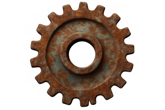 Close-up of a rusty metal gear rotating, isolated on a transparent background, ideal for industrial or steampunk-themed projects