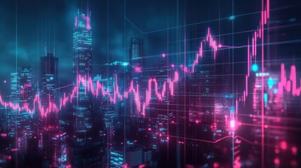 Digital neon cityscape overlaid with fluctuating glowing pink and blue financial charts and graphs representing data trends and market analysis at night