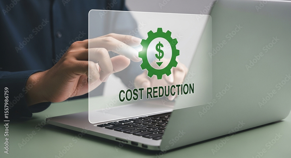 Poster Person using laptop with cost reduction icon and text overlay, focusing on financial efficiency tools