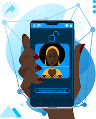  Reconhecimento facial - Desbloqueio facial de smartphone com mulher africana