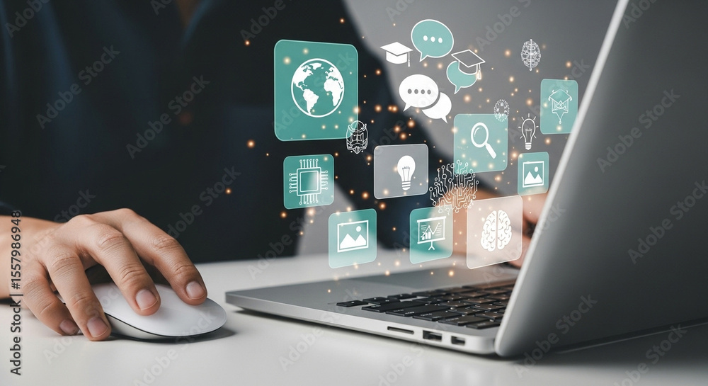 Poster Person using a laptop with floating icons representing online learning and global communication
