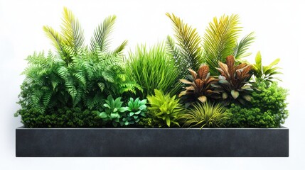 vibrant indoor planter with a variety of lush green and yellow tropical plants in a sleek rectangular black container, evoking freshness and natural beauty