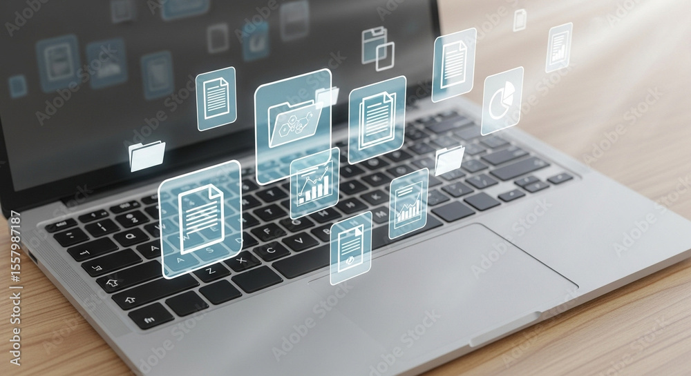 Aufkleber Laptop keyboard with floating document and folder icons representing data management concept view
