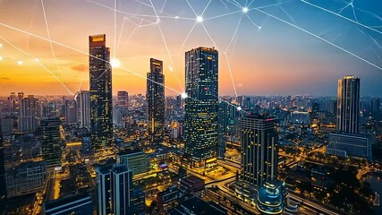 Urban skyline at sunset showcasing modern skyscrapers and a network of digital connections above - Powered by Adobe