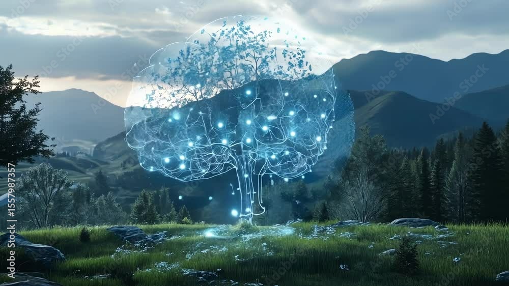Wall mural mesmerizing digital tree, formed by interconnected glowing lines and points of light, illuminates a 