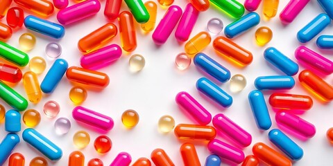 Assortment of vibrant capsules and tablets on pristine white,  vibrant background,  healthcare
