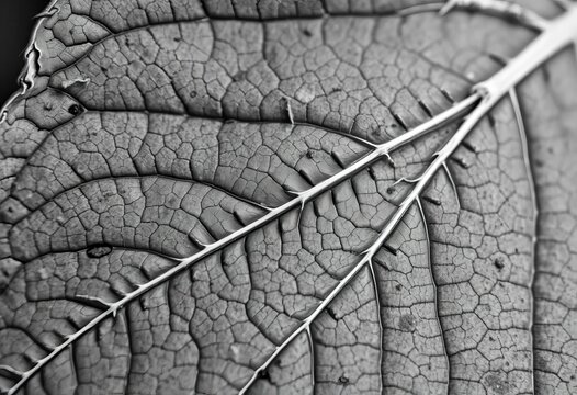 Black and white close-up of a decaying leaf, intricate veins visible,  photography,  light