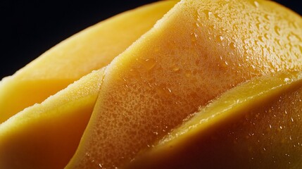 Close-up of Fresh Mango Slices with Water Droplets Shining Against Black