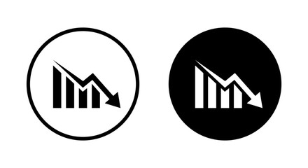 Business decline bar chart icon. Decrease, loss, and financial collapse sign symbol on black circle