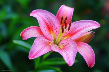 Naklejka premium Close-up of a vibrant pink lily flower covered in water droplets with green blurred background conveying freshness and natural beauty