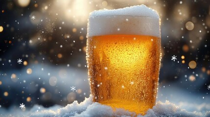 Cold glass of beer with frothy head covered in water droplets and snow, glowing warmly against a blurred snowy background with snowflakes falling