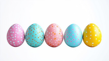 A row of five colorful Easter eggs with polka dot patterns on a white background evoking a festive and cheerful mood