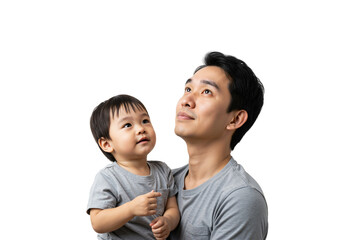 Tender Moments Between Asian Father and Son in Gray T-Shirts: Cherished Family Bonding