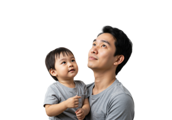 Tender Moments Between Asian Father and Son in Gray T-Shirts: Cherished Family Bonding