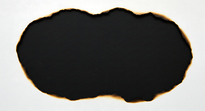 Burned hole in white paper with charred edges, revealing a dark void.