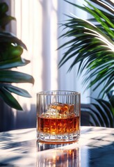 A glass of amber whiskey with ice cubes sits on a reflective marble table surrounded by green leafy plants with soft natural sunlight filtering through a curtain in the background