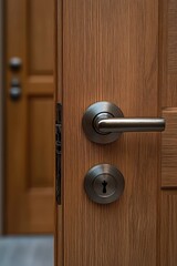 Obraz premium Close-up of a wooden door with a modern silver metal handle and keyhole, showcasing smooth wood texture and detailed metal hardware