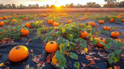 Evening sunlight illuminating a pumpkin patch with numerous ripe orange pumpkins surrounded by green and yellow leaves on a field with dry grass and trees in the background