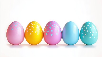 Five colorful speckled eggs in pastel shades lined up in a row on a white background creating a bright cheerful scene