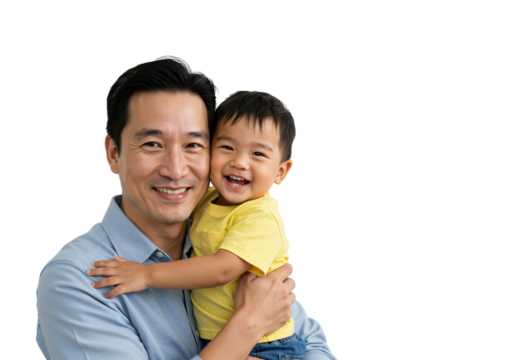 Happy Asian Father Holding Smiling Toddler Son in Bright Yellow Shirt Against transparent background