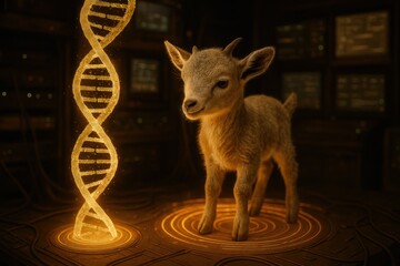Glowing DNA strands with goat creation – A striking image perfect for showcasing genetic research, bioengineering, and animal cloning.
