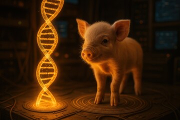 DNA creation of a piglet with glowing DNA strand, showcasing genetic research and bioengineering. Great for agriculture or biotechnological use.
