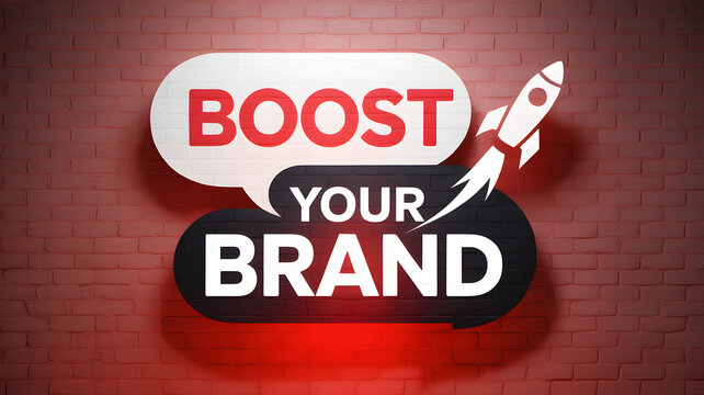 Speech bubbles and rocket icon with "BOOST YOUR BRAND" text on red brick wall background
