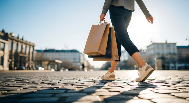 Woman Walking with Shopping Bags on a Sunny Day Retail Therapy and Urban Lifestyle