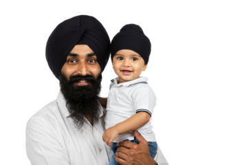 Smiling Sikh Father Holding Baby Boy in Traditional Turban Attire with transparent background