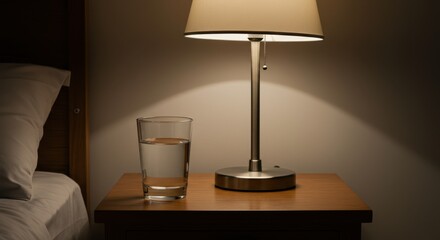 Bedside Table with Water Glass and Lamp Casting a Warm Glow in the Bedroom.