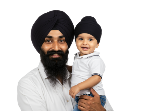 Smiling Sikh Father Holding Baby Boy in Traditional Turban Attire with transparent background