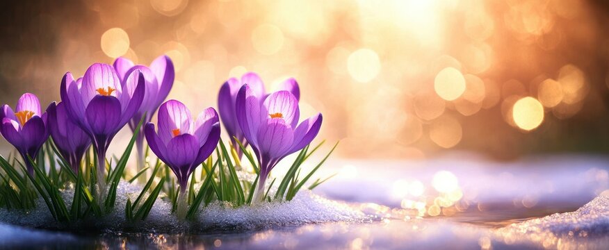 Fototapeta Close-up of purple crocus flowers blooming through melting snow with warm golden bokeh background creating a serene and hopeful spring atmosphere