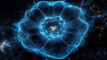 Obraz premium Glowing blue wireframe structure resembling a flower or shell with intricate lines and bright center in a dark, starry space environment