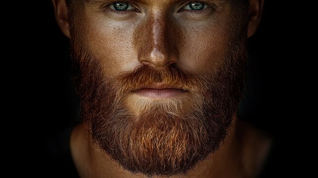Close-up of a man with green eyes, red beard, and freckled skin looking directly with a neutral and intense expression against a dark background