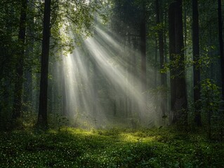 Obraz premium Experience the Serenity of a Forest with Sunlight Streaming Through the Beautiful Trees