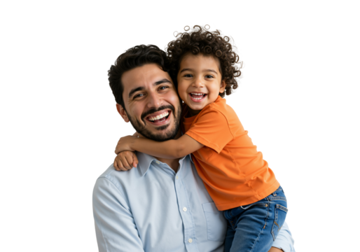 Happy Father Embracing Son Smiling Together in Studio Portrait