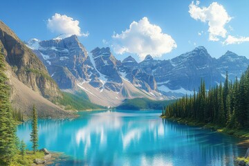 Fototapeta premium Turquoise clear lake surrounded by towering snow-capped mountains and lush green pine trees under a bright blue sky with fluffy clouds