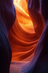 Obraz premium Sunlight illuminating twisting smooth sandstone canyon walls in vibrant orange and purple hues creating a warm and mesmerizing natural scene