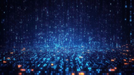 Fototapeta premium Abstract digital data streams with glowing blue and orange binary code cascading in a dark virtual environment, evoking futuristic technology and information flow