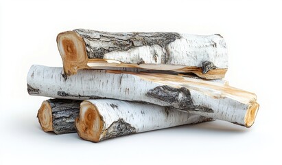 Stack of cut birch logs with white bark and rough edges on white background conveying natural rustic and organic feel