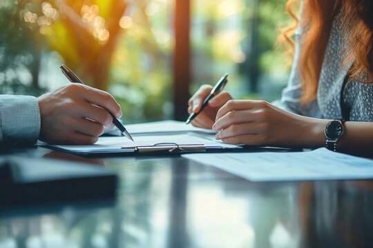 Two people collaborating and signing documents on a table in a bright office with natural green background