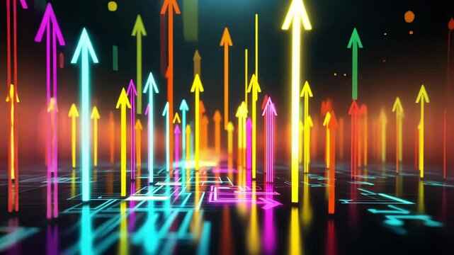 A colorful landscape of ascending holographic arrows punctuating the air each arrow representing success stories of startups thriving in an evolving economy.