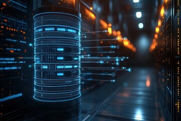 Futuristic digital data storage server in a high-tech data center glowing with blue and orange lights showcasing data flow and connections