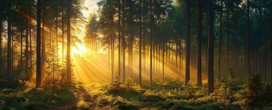Sunlight streaming through tall pine trees illuminating a dense forest with lush green undergrowth casting long shadows and creating a warm serene atmosphere