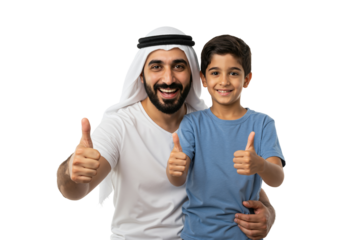 Cheerful Middle-Eastern Father and Son Making Thumbs Up Gesture in Studio Portrait